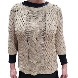 Cyrus Tan Fisherman Cable Knit Sweater Sz M Neutral Cozy Capsule Layering Warm